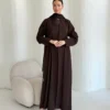 Brown Abaya with Neckline Detail in Barbie crepe — main view | JAAZLINE JZA26-07