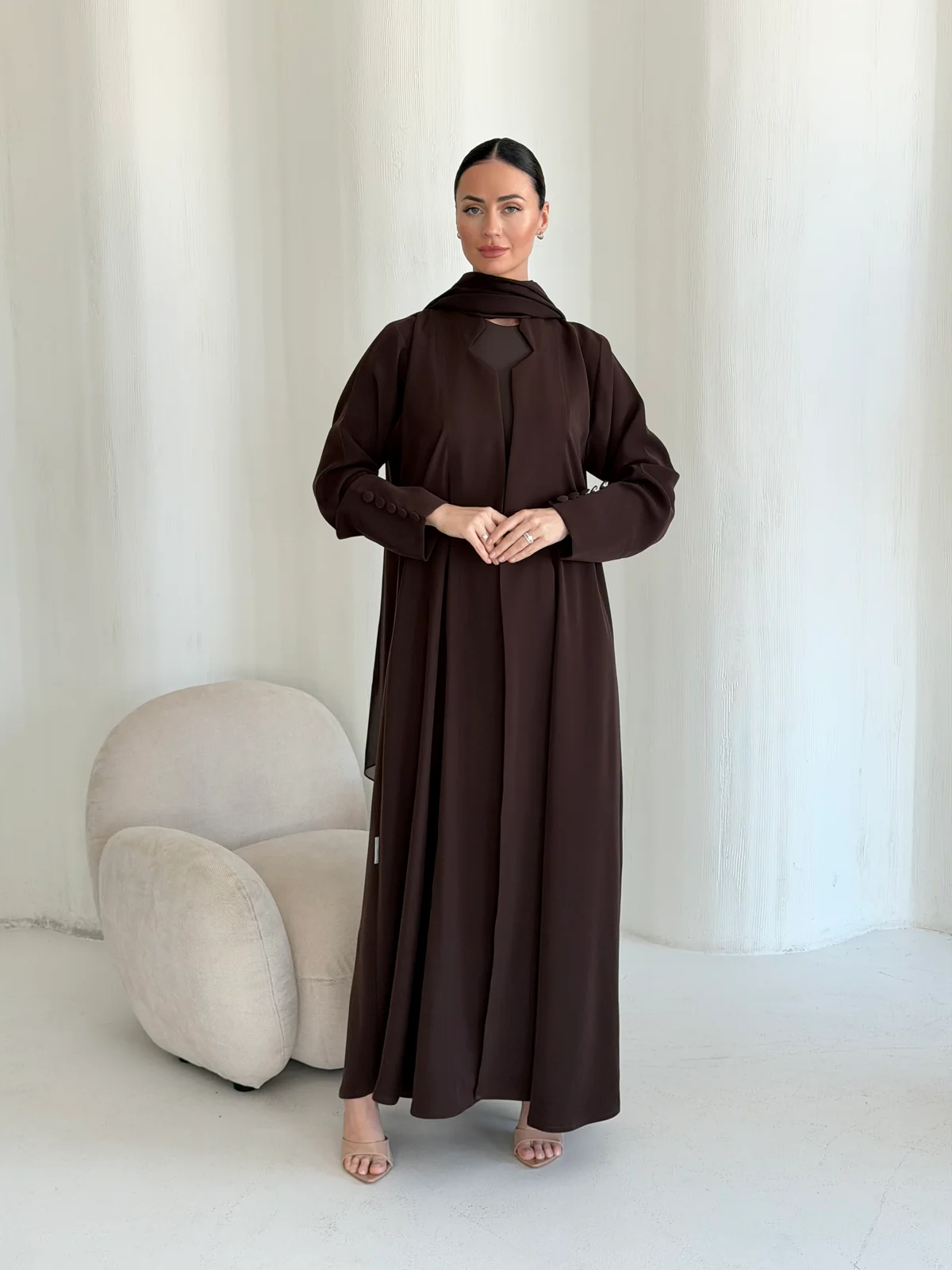 Brown Abaya with Neckline Detail in Barbie crepe — main view | JAAZLINE JZA26-07