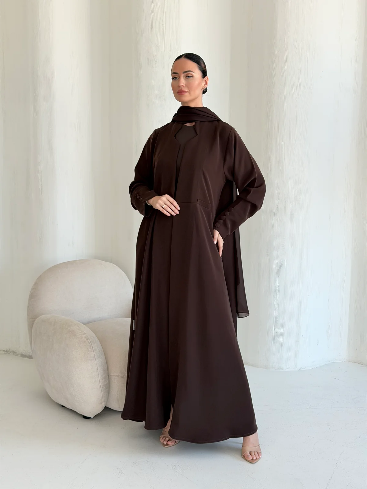 Brown Abaya with Neckline Detail in Barbie crepe — additional angle | JAAZLINE JZA26-07