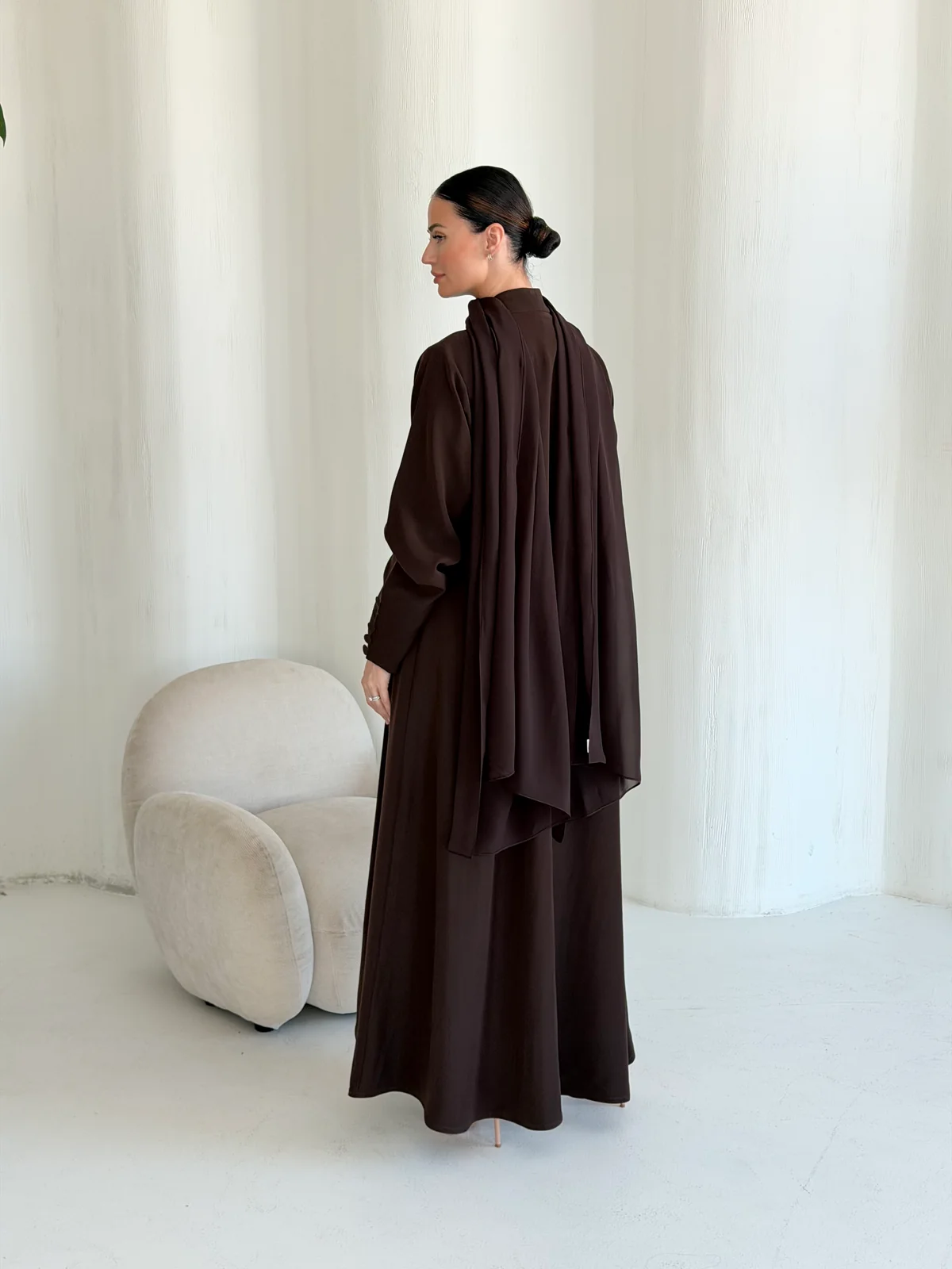 Brown Abaya with Neckline Detail in Barbie crepe — additional angle | JAAZLINE JZA26-07