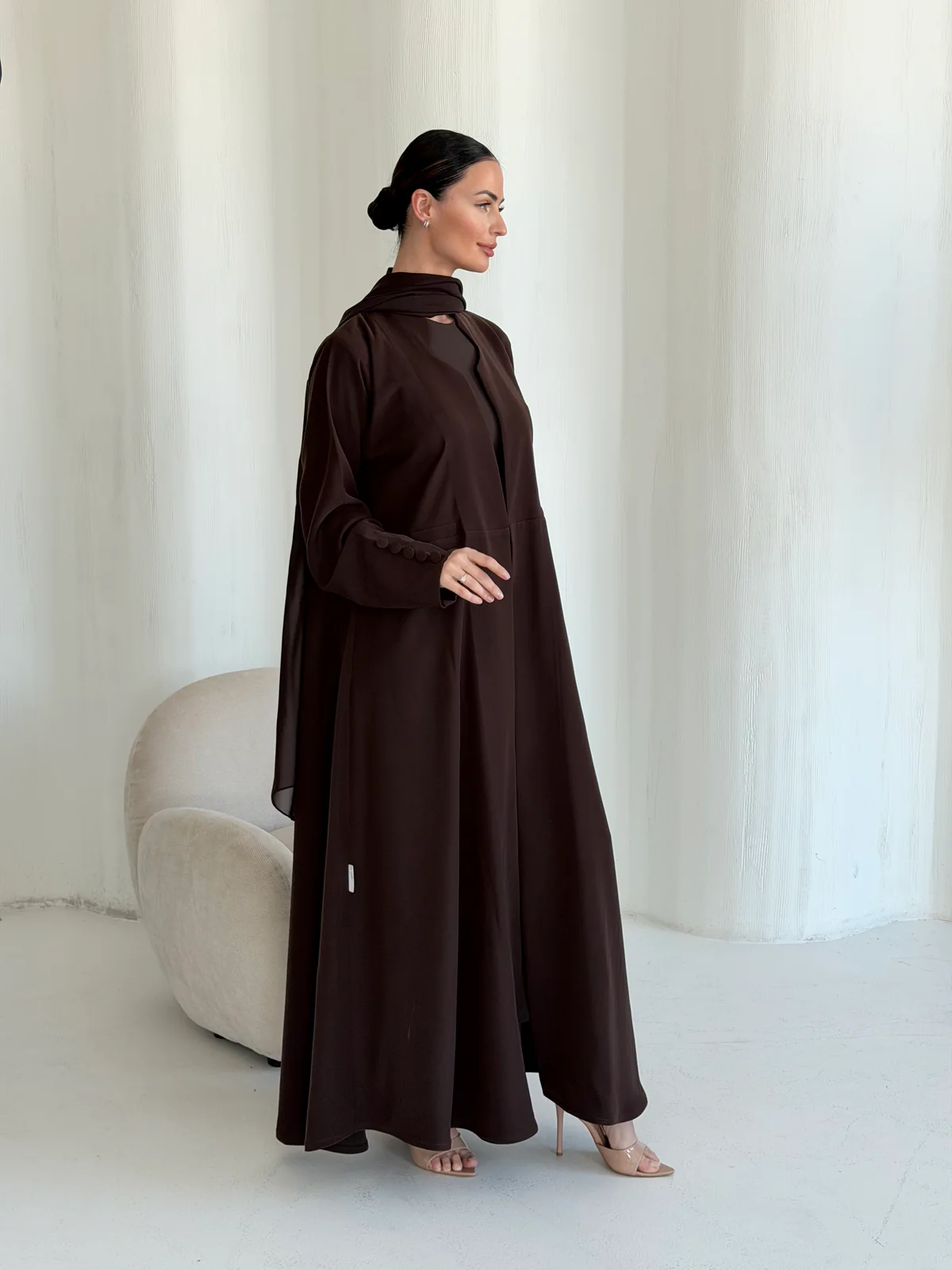 Brown Abaya with Neckline Detail in Barbie crepe — additional angle | JAAZLINE JZA26-07