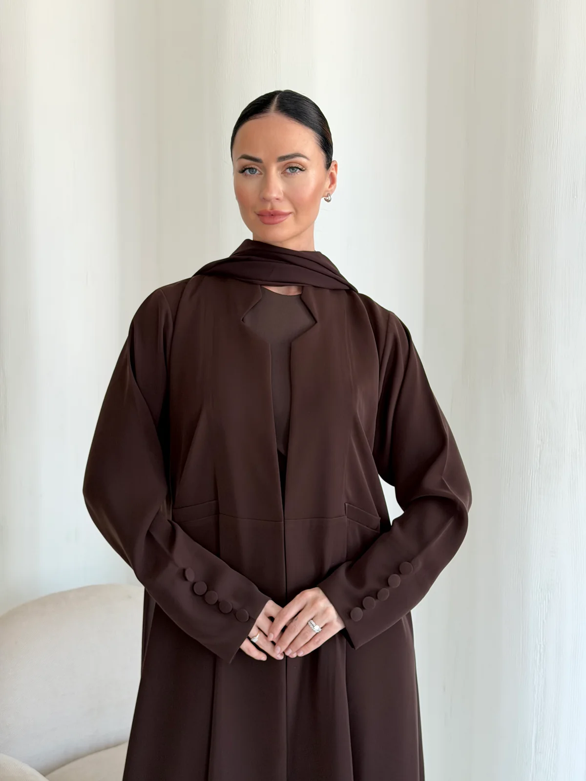 Brown Abaya with Neckline Detail in Barbie crepe — fabric and design detail | JAAZLINE JZA26-07