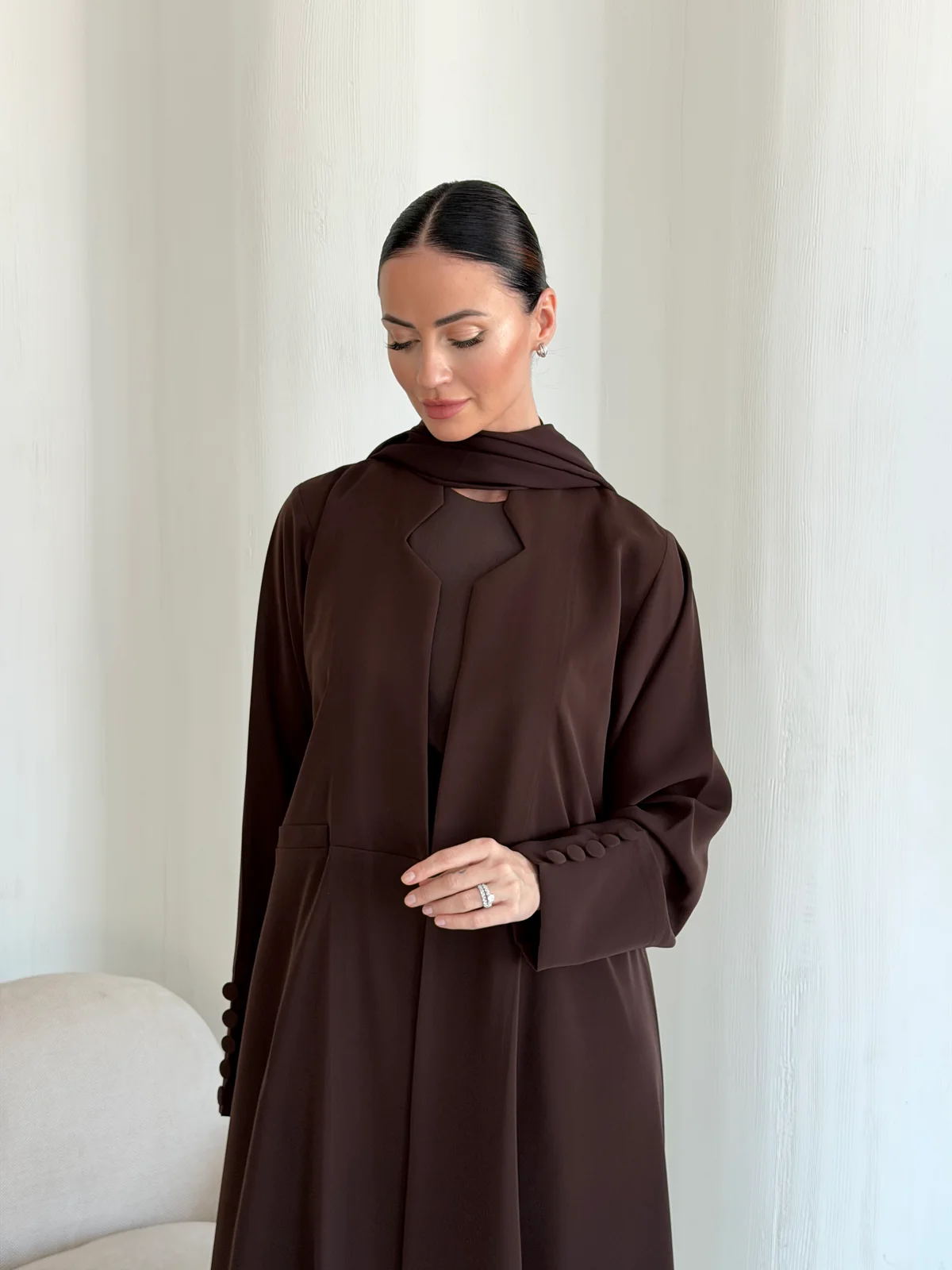 Brown Abaya with Neckline Detail in Barbie crepe — fabric and design detail | JAAZLINE JZA26-07