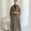 Taupe Abaya with All-Over Abstract Pattern in Washed linen — main view | JAAZLINE JZA26-08