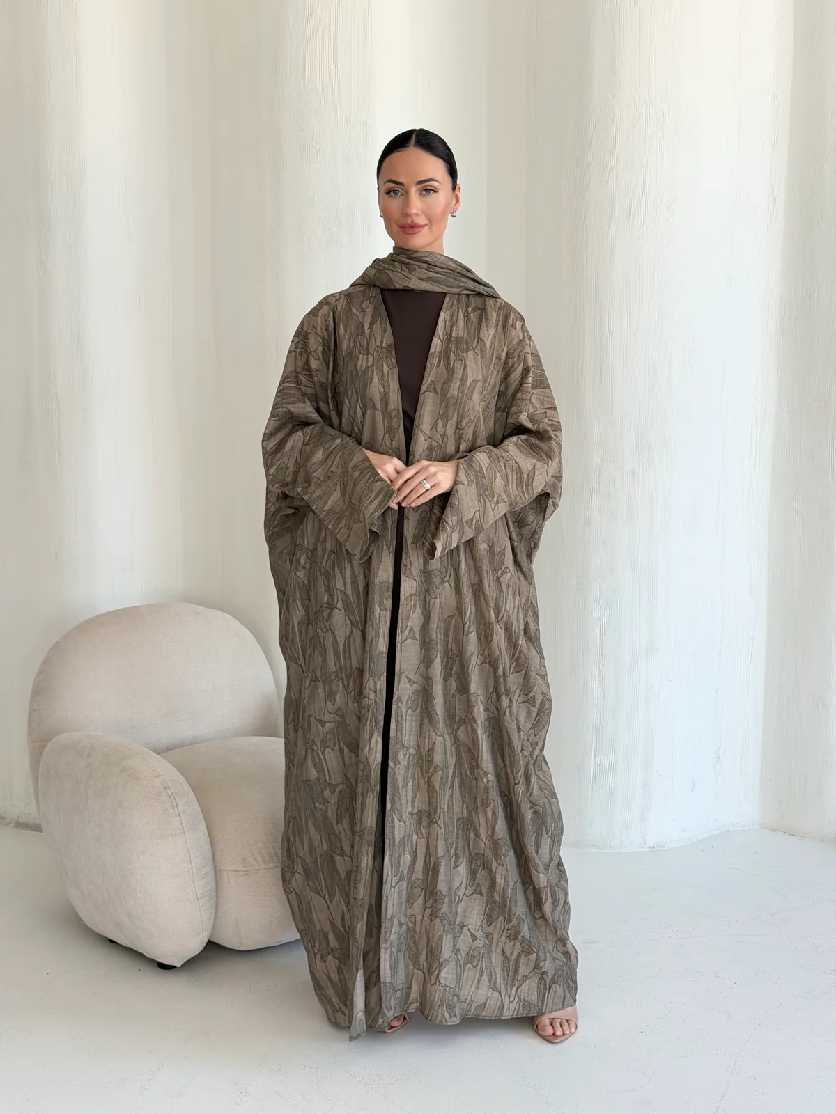 Taupe Abaya with All-Over Abstract Pattern in Washed linen — main view | JAAZLINE JZA26-08
