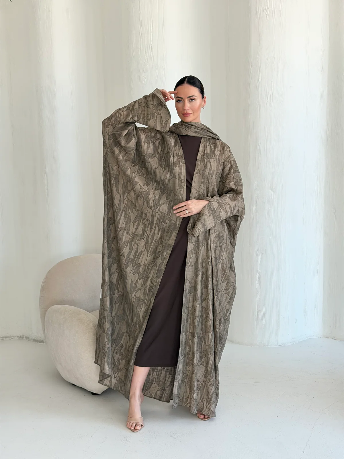 Taupe Abaya with All-Over Abstract Pattern in Washed linen — additional angle | JAAZLINE JZA26-08