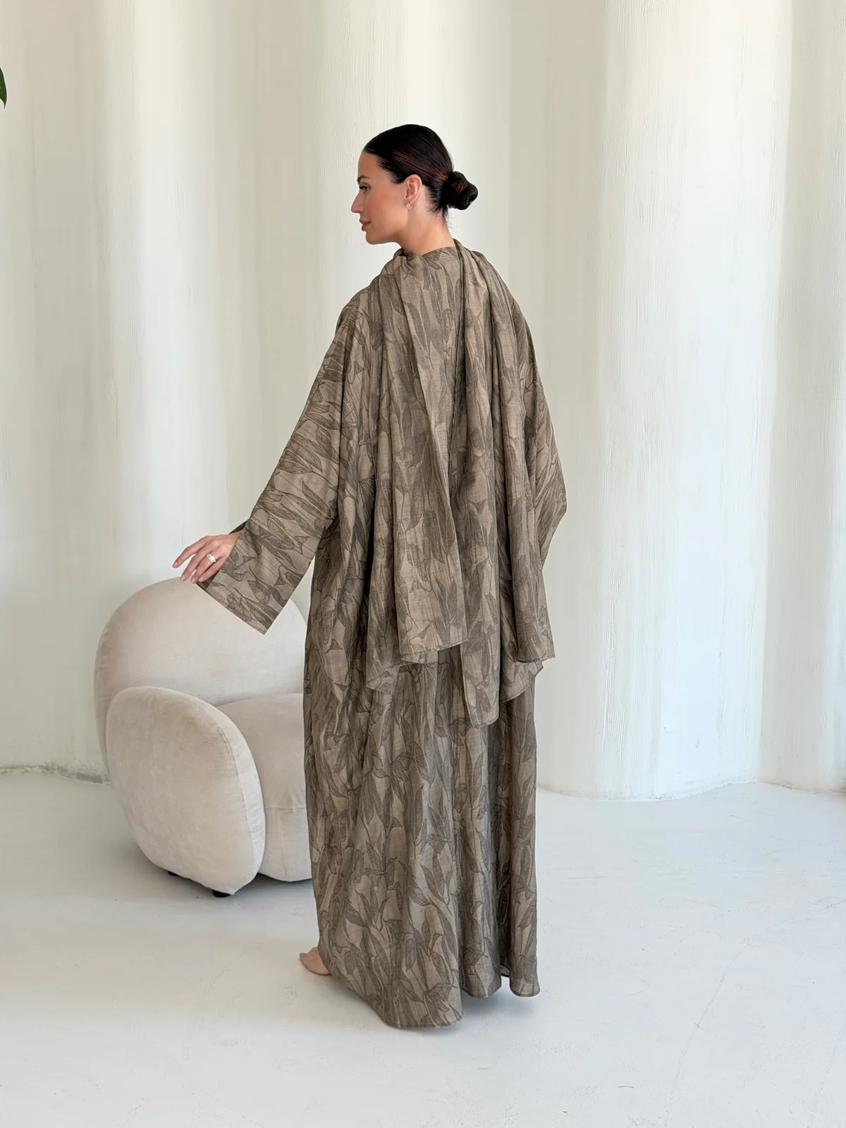Taupe Abaya with All-Over Abstract Pattern in Washed linen — additional angle | JAAZLINE JZA26-08