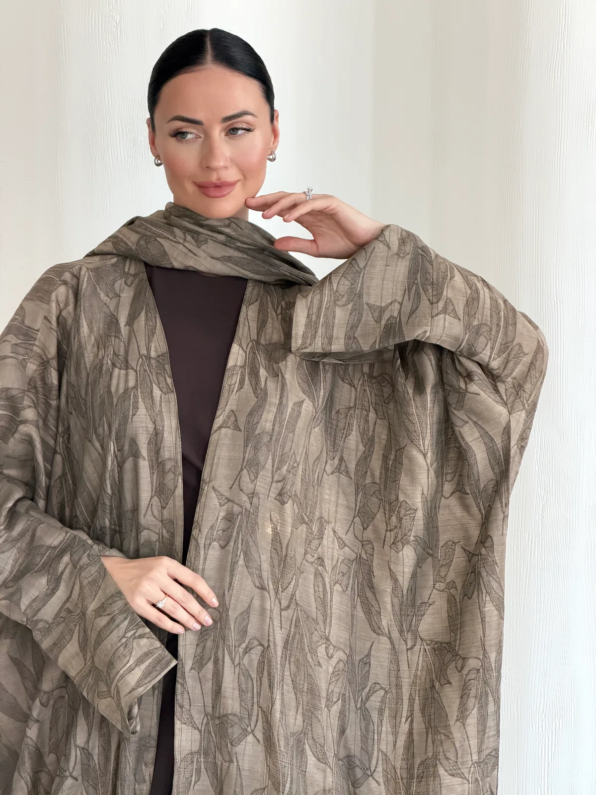 Taupe Abaya with All-Over Abstract Pattern in Washed linen — additional angle | JAAZLINE JZA26-08