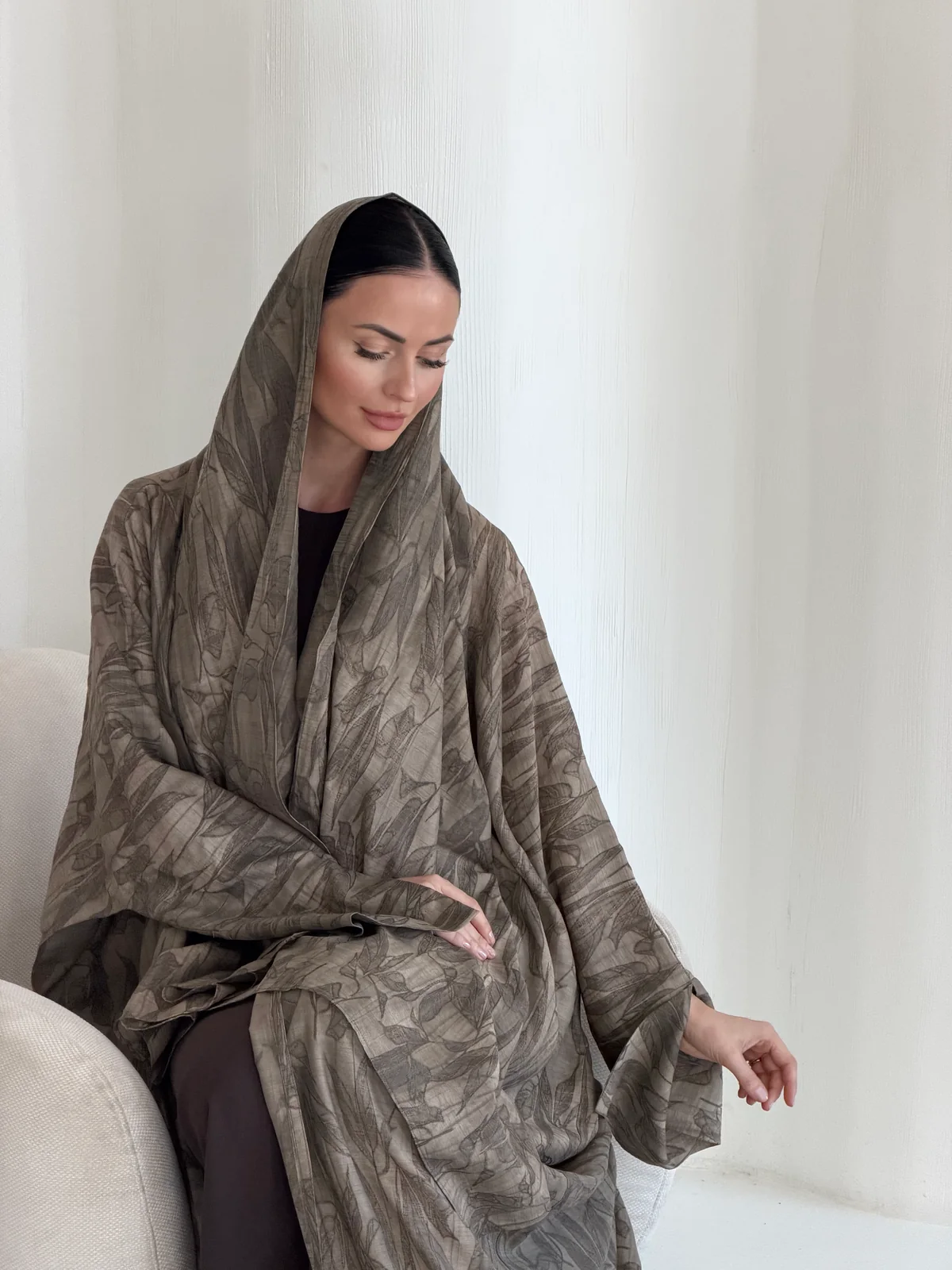 Taupe Abaya with All-Over Abstract Pattern in Washed linen — fabric and design detail | JAAZLINE JZA26-08