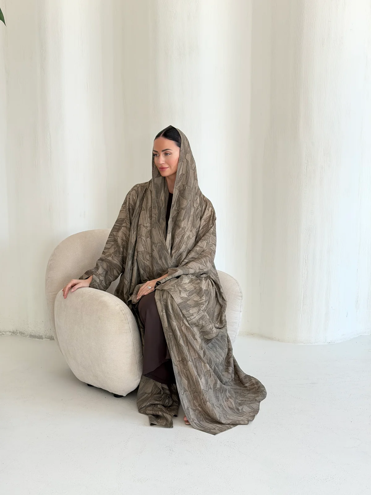 Taupe Abaya with All-Over Abstract Pattern in Washed linen — fabric and design detail | JAAZLINE JZA26-08