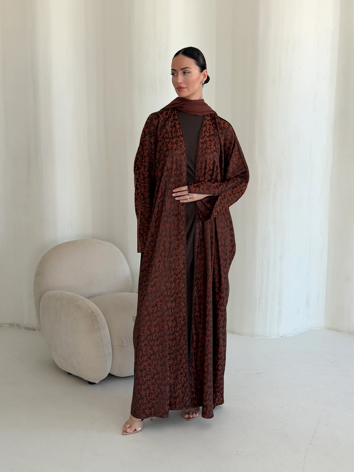 Reddish Brown Abaya with Fine Pattern in Soft silk — additional angle | JAAZLINE JZA26-09