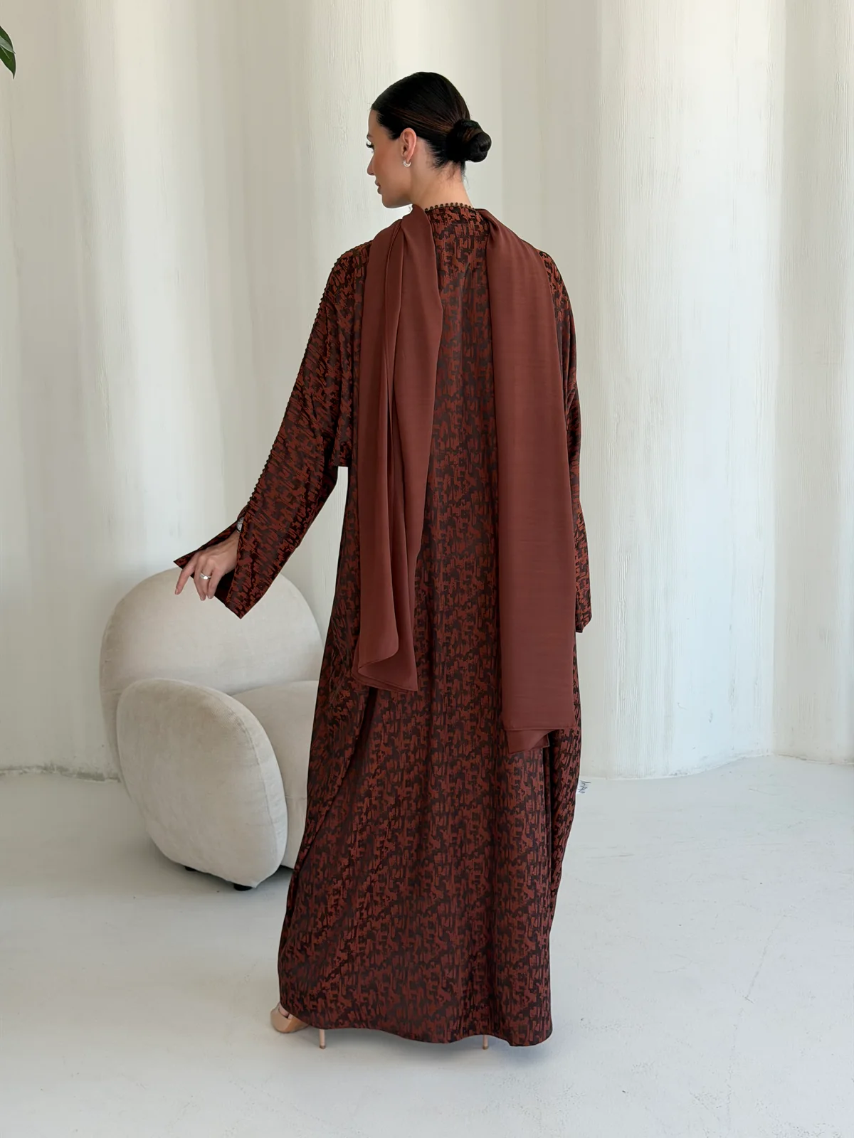 Reddish Brown Abaya with Fine Pattern in Soft silk — additional angle | JAAZLINE JZA26-09