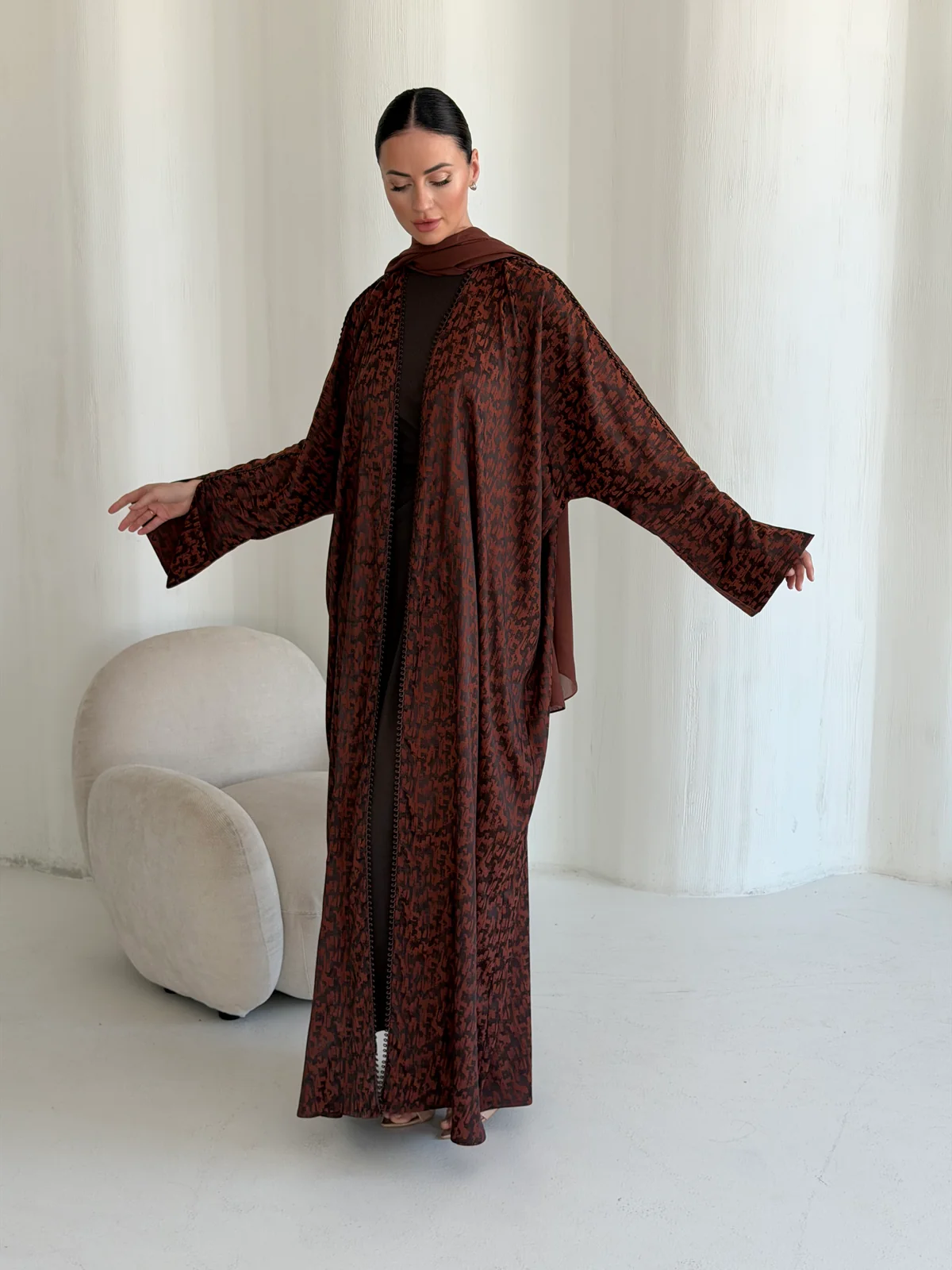 Reddish Brown Abaya with Fine Pattern in Soft silk — additional angle | JAAZLINE JZA26-09