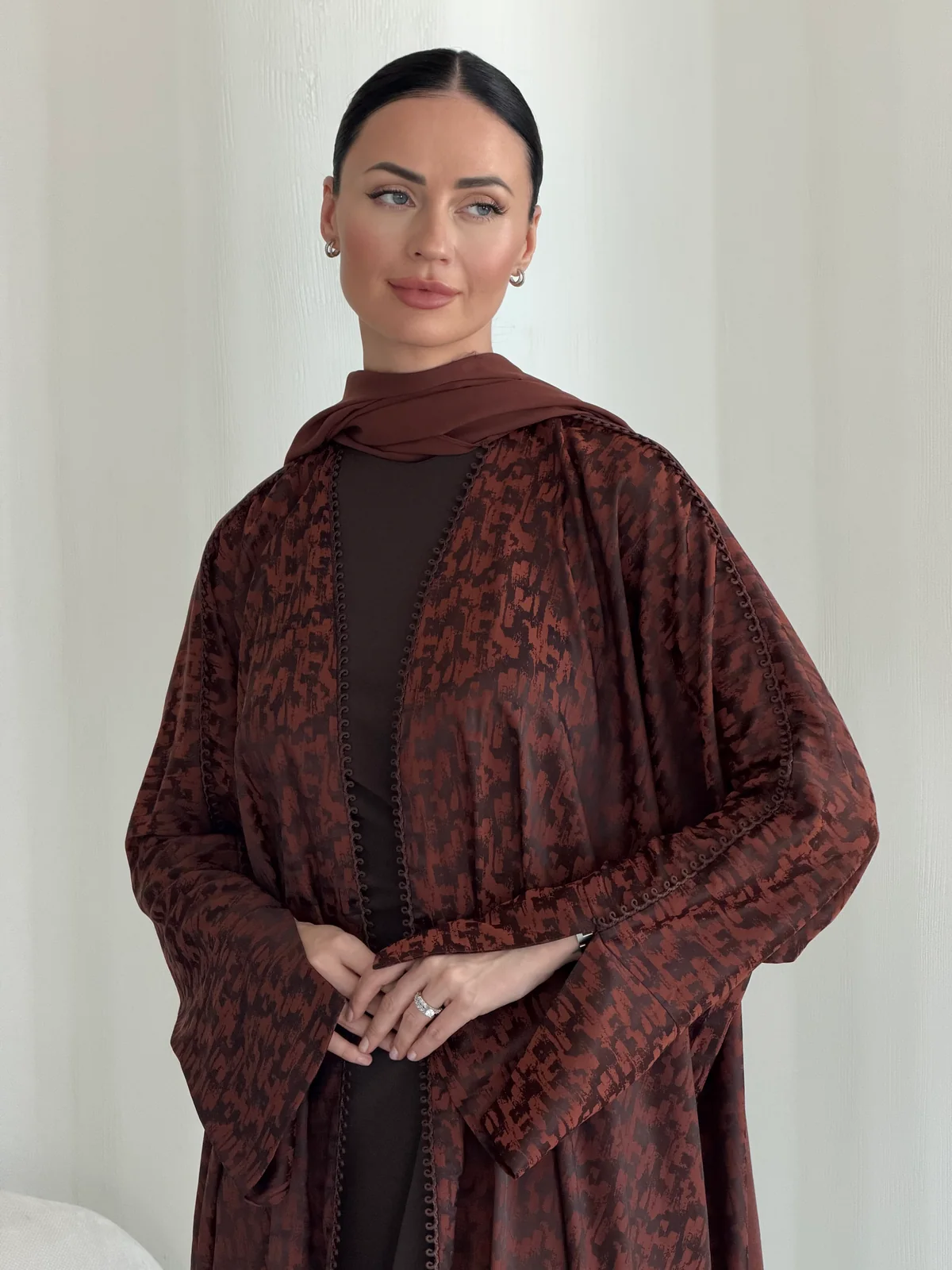 Reddish Brown Abaya with Fine Pattern in Soft silk — fabric and design detail | JAAZLINE JZA26-09