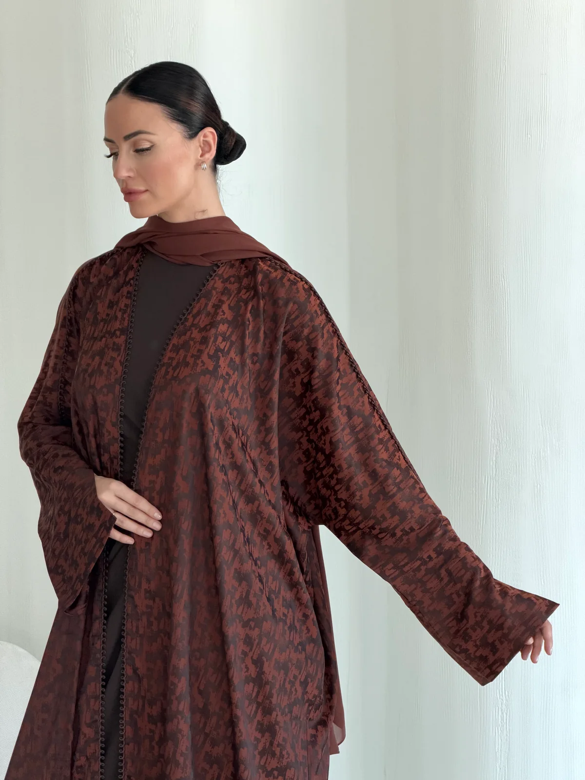 Reddish Brown Abaya with Fine Pattern in Soft silk — fabric and design detail | JAAZLINE JZA26-09