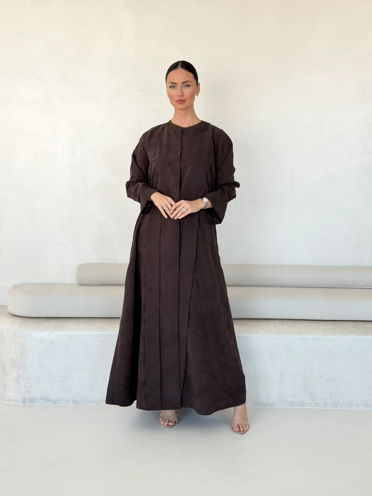 Brown Abaya with Tonal Motif in Washed slub jacquard — main view | JAAZLINE JZA26-10