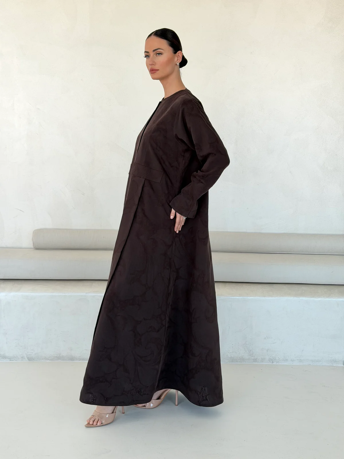 Brown Abaya with Tonal Motif in Washed slub jacquard — additional angle | JAAZLINE JZA26-10