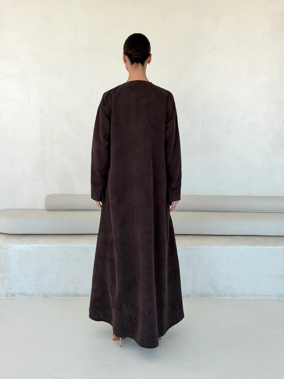 Brown Abaya with Tonal Motif in Washed slub jacquard — additional angle | JAAZLINE JZA26-10