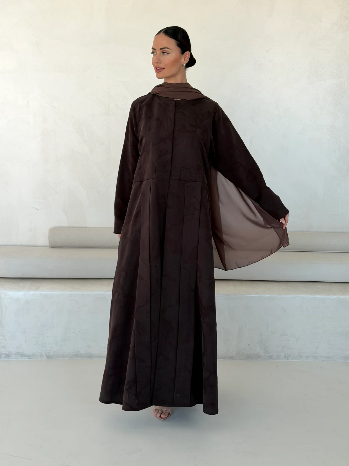 Brown Abaya with Tonal Motif in Washed slub jacquard — additional angle | JAAZLINE JZA26-10