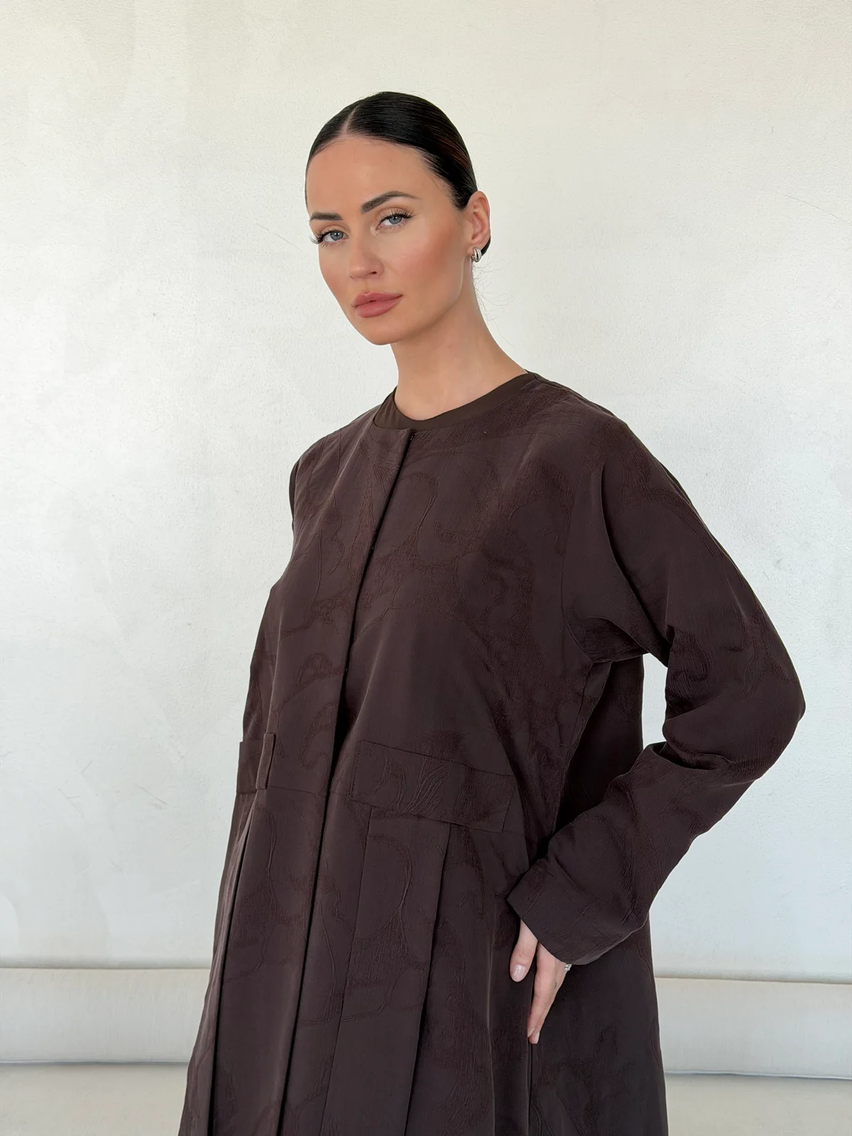 Brown Abaya with Tonal Motif in Washed slub jacquard — fabric and design detail | JAAZLINE JZA26-10