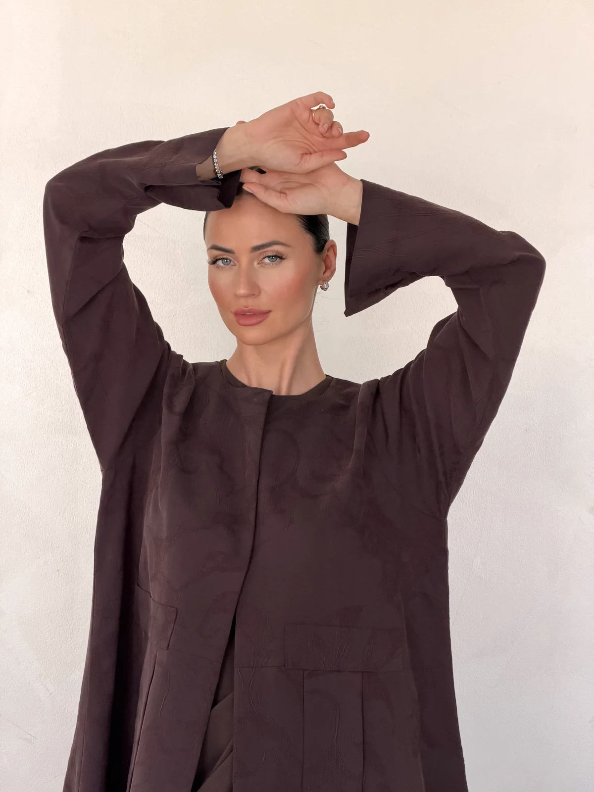 Brown Abaya with Tonal Motif in Washed slub jacquard — fabric and design detail | JAAZLINE JZA26-10
