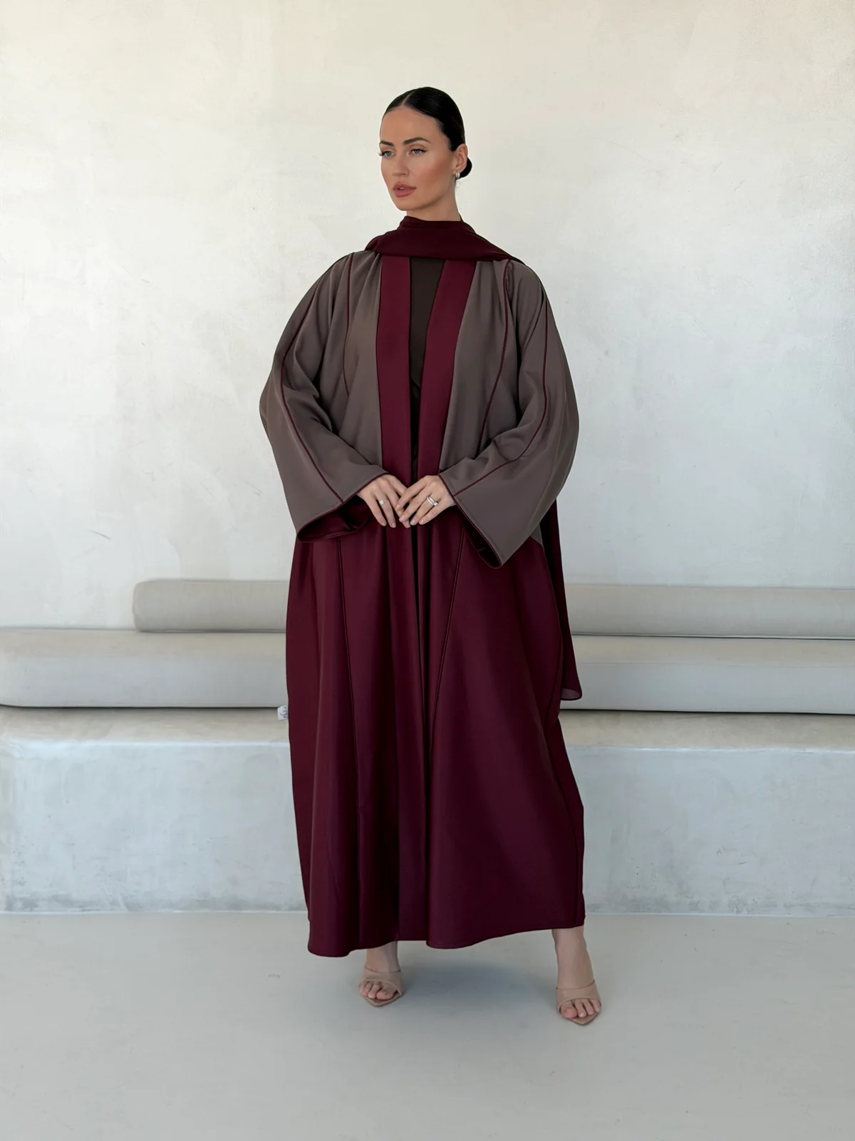 Burgundy Abaya with Grey Upper Layer in Crepe — main view | JAAZLINE JZA26-11