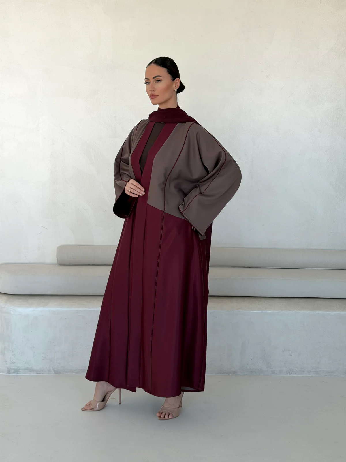 Burgundy Abaya with Grey Upper Layer in Crepe — additional angle | JAAZLINE JZA26-11