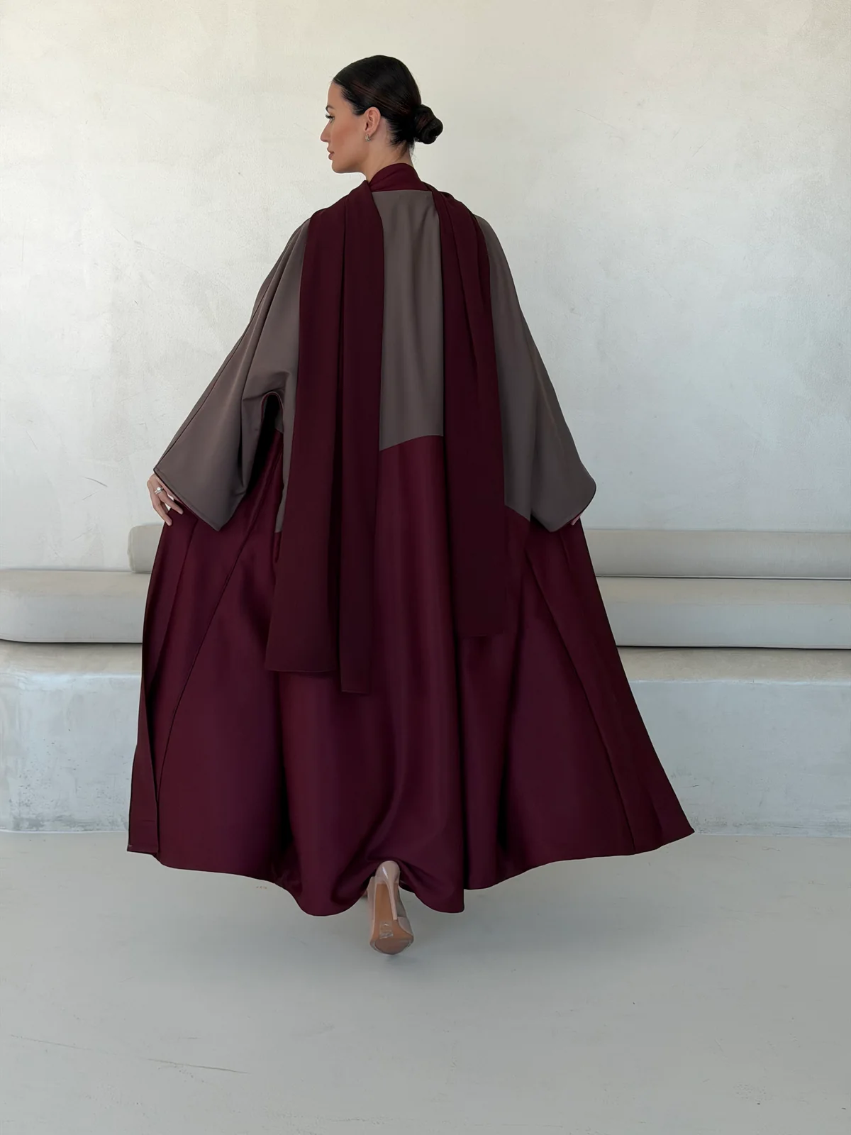 Burgundy Abaya with Grey Upper Layer in Crepe — additional angle | JAAZLINE JZA26-11