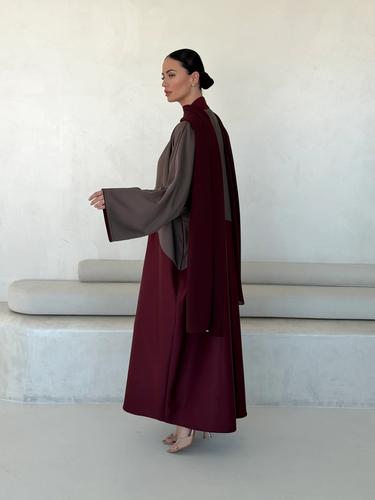 Burgundy Abaya with Grey Upper Layer in Crepe — additional angle | JAAZLINE JZA26-11