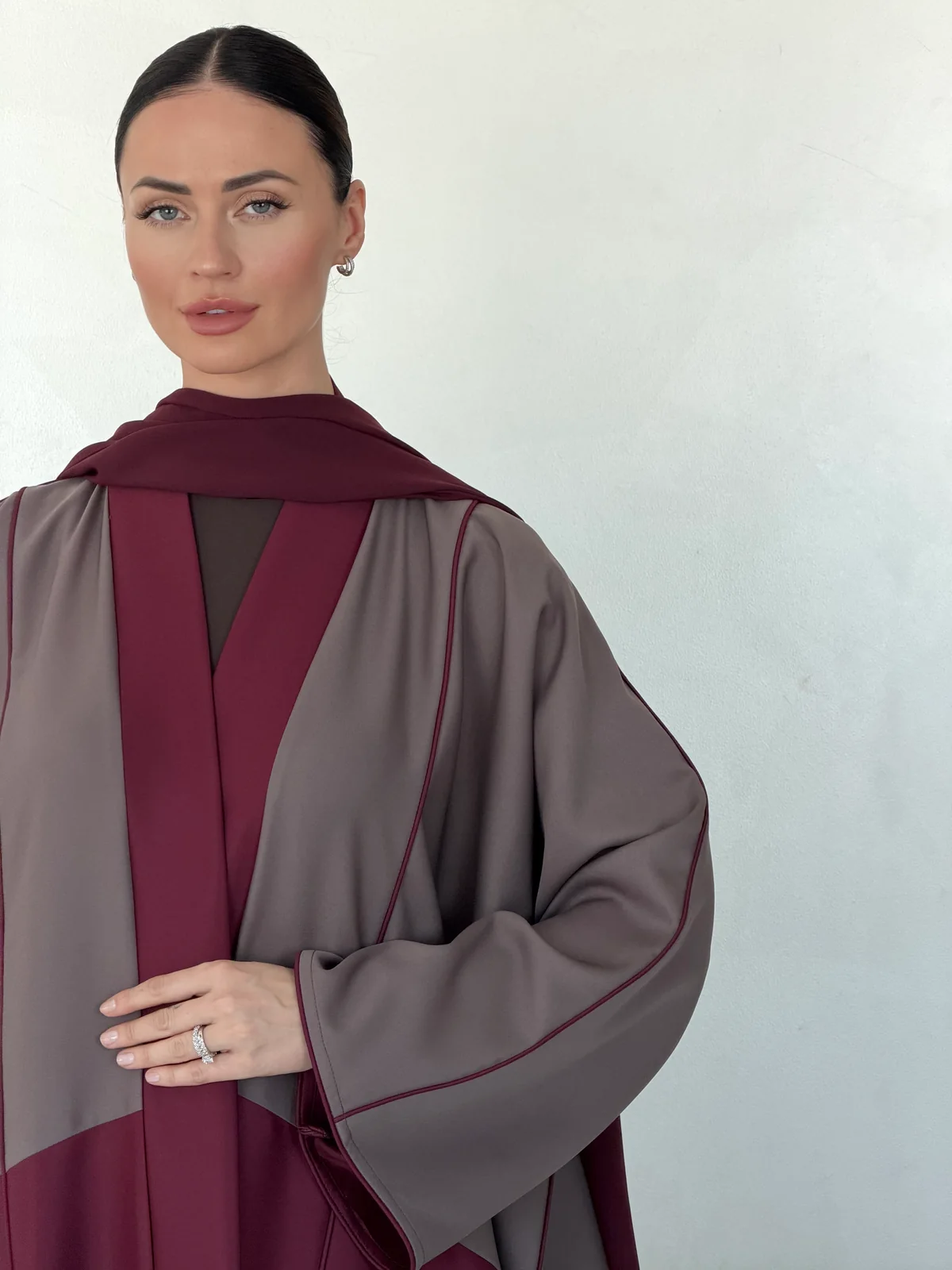 Burgundy Abaya with Grey Upper Layer in Crepe — fabric and design detail | JAAZLINE JZA26-11