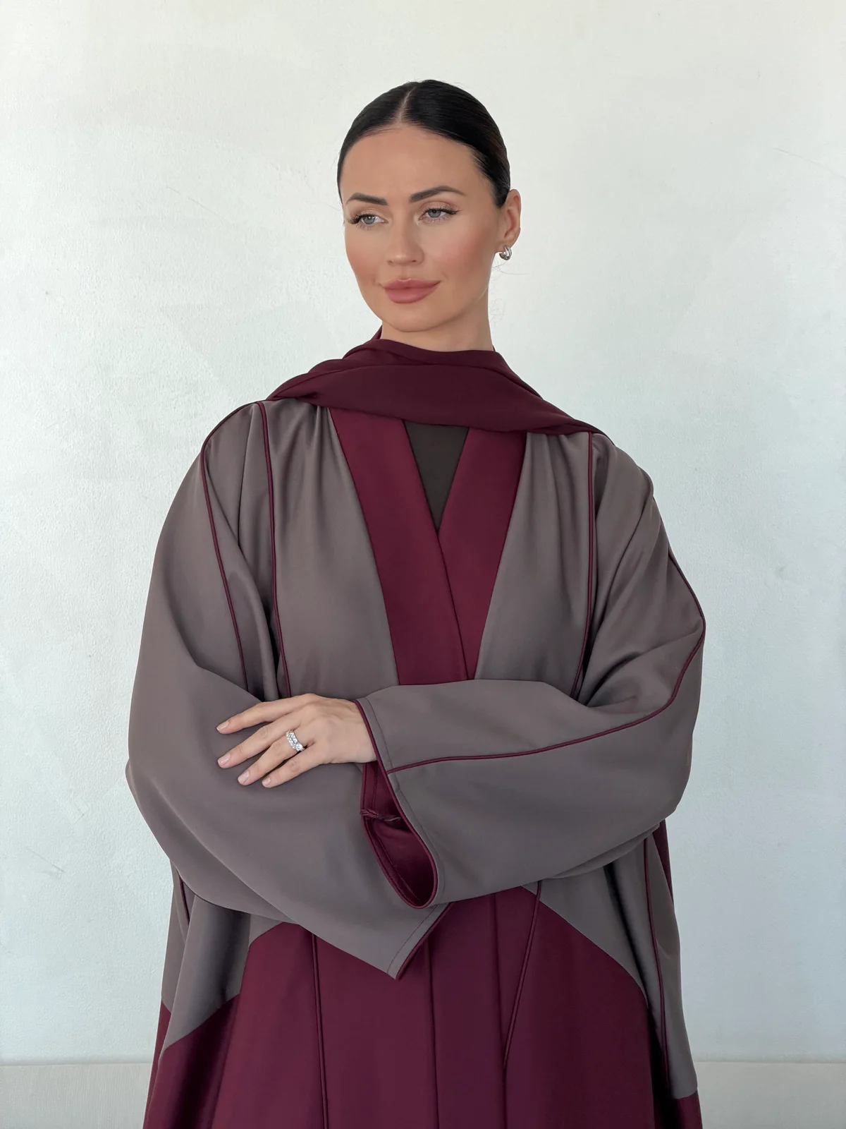 Burgundy Abaya with Grey Upper Layer in Crepe — fabric and design detail | JAAZLINE JZA26-11