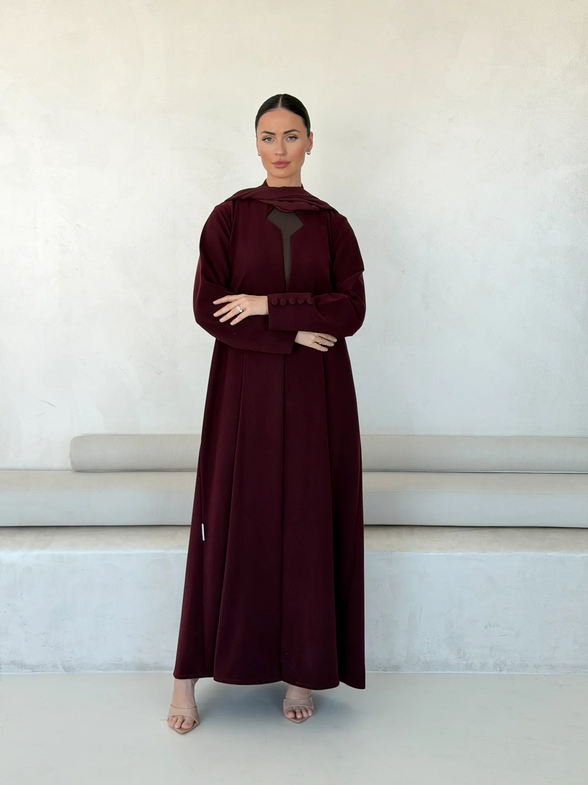 Burgundy Abaya with Geometric Neckline Detail in Barbie crepe — main view | JAAZLINE JZA26-12