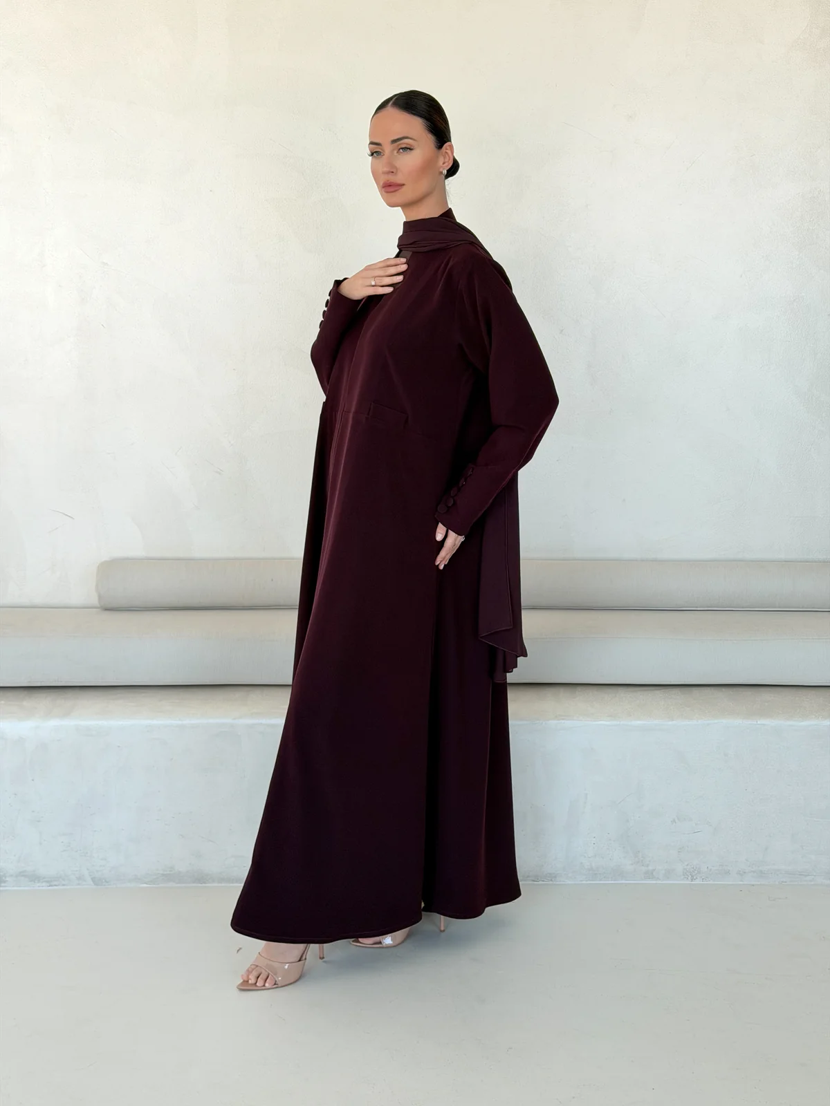 Burgundy Abaya with Geometric Neckline Detail in Barbie crepe — additional angle | JAAZLINE JZA26-12