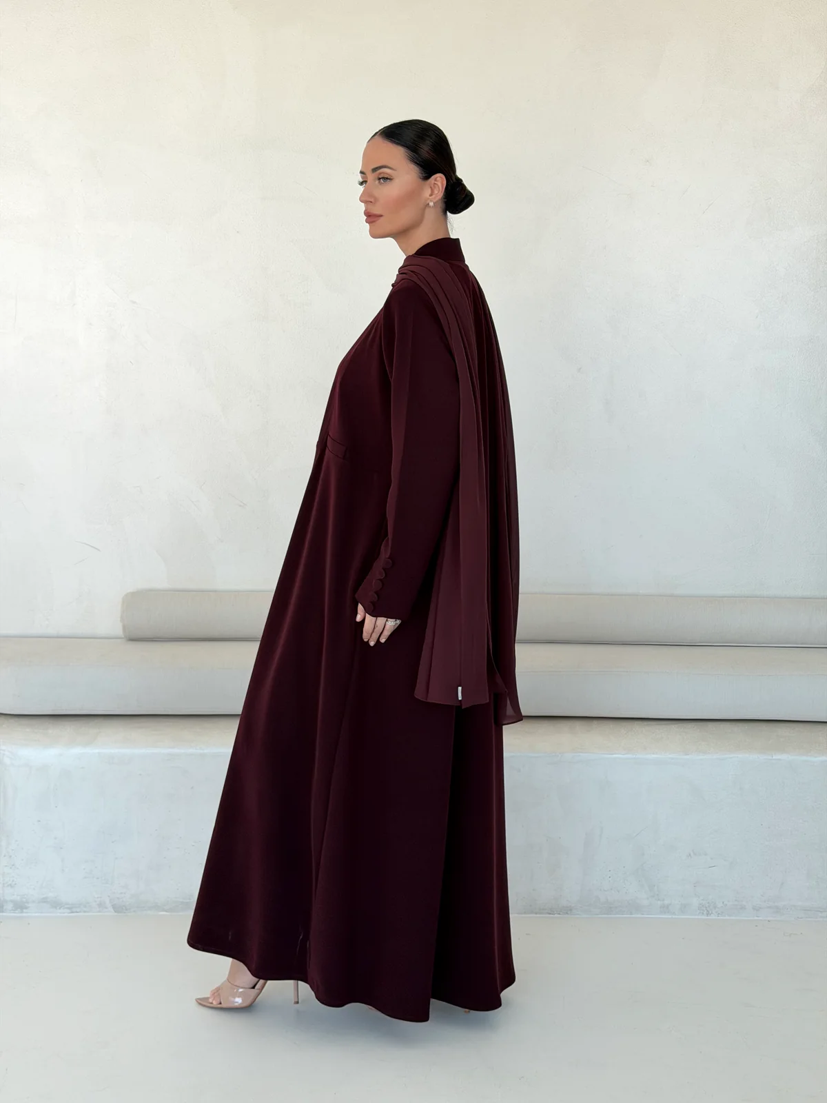 Burgundy Abaya with Geometric Neckline Detail in Barbie crepe — additional angle | JAAZLINE JZA26-12