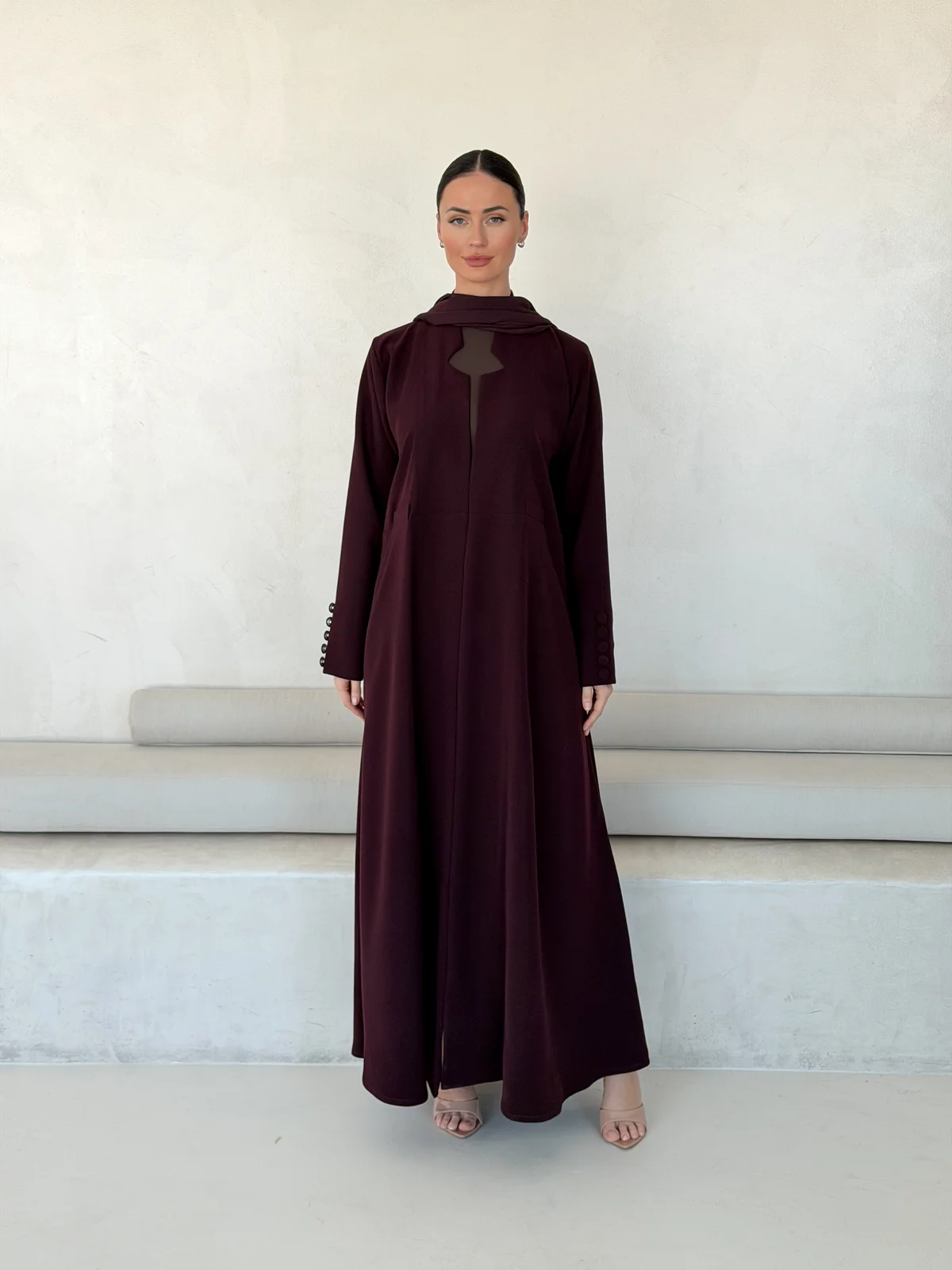 Burgundy Abaya with Geometric Neckline Detail in Barbie crepe — additional angle | JAAZLINE JZA26-12