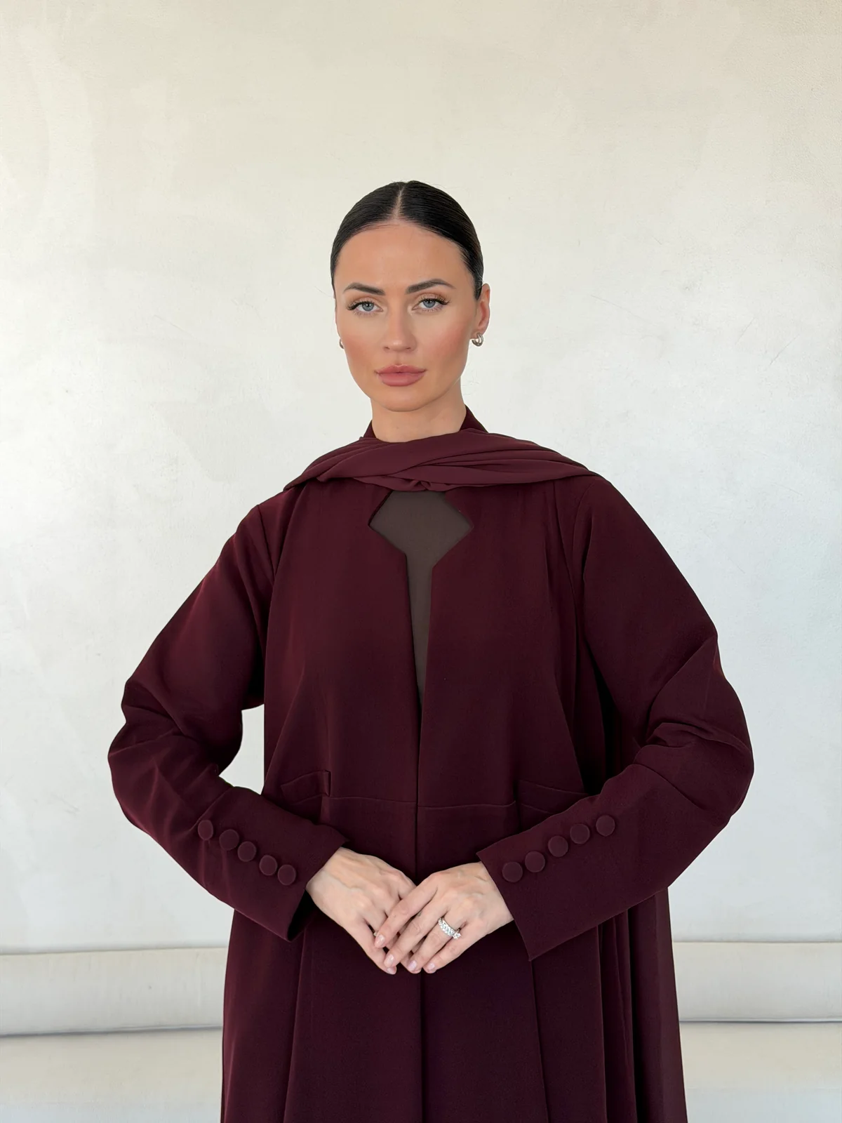 Burgundy Abaya with Geometric Neckline Detail in Barbie crepe — fabric and design detail | JAAZLINE JZA26-12