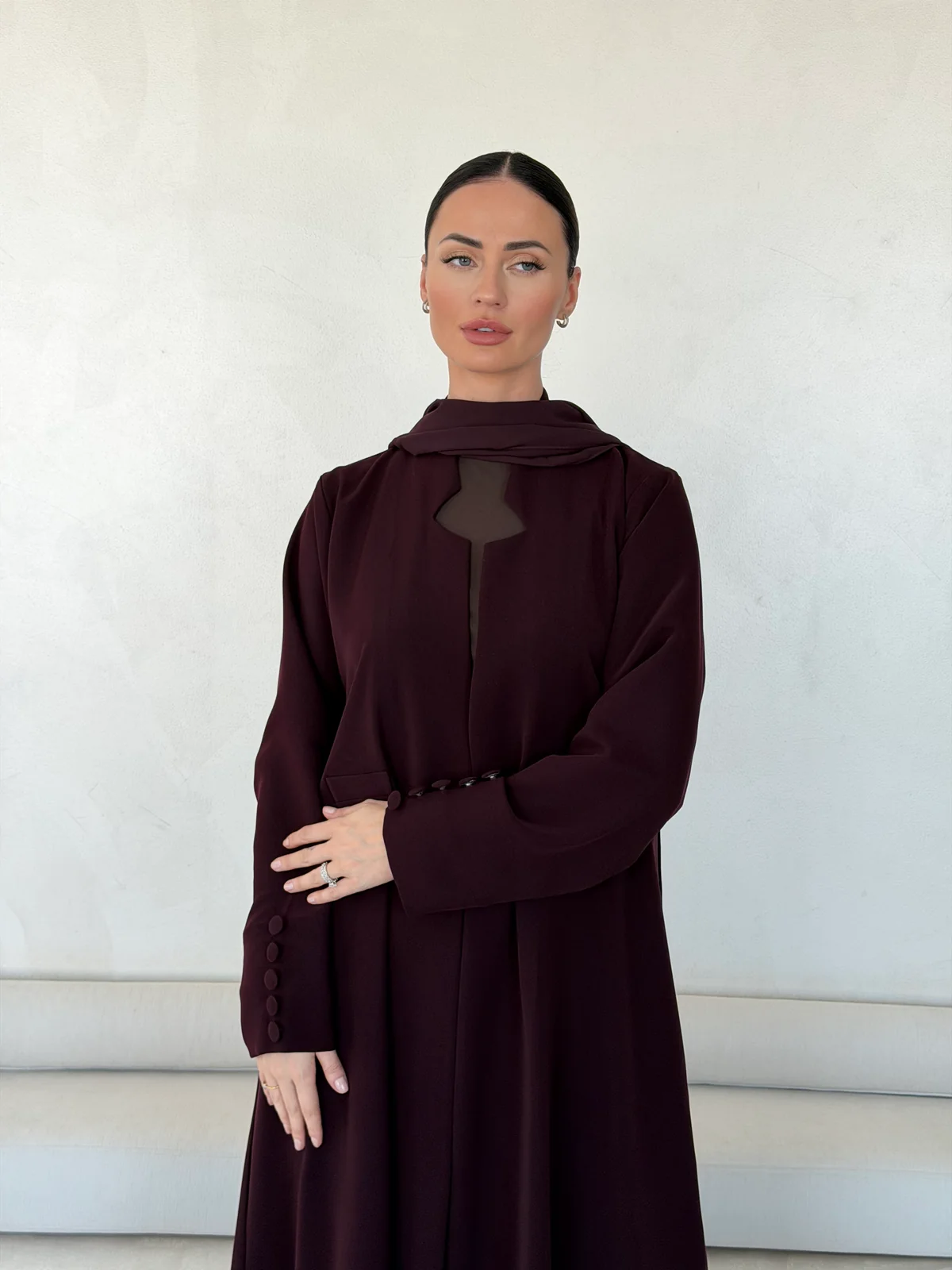Burgundy Abaya with Geometric Neckline Detail in Barbie crepe — fabric and design detail | JAAZLINE JZA26-12
