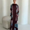 Burgundy Abaya with Multicolour Geometric Pattern in Linen with a JAAZLINE-exclusive print - main view | JAAZLINE JZA26-13