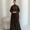 Brown Abaya with Olive Contrast Details in Ehsas crepe with a JAAZLINE-exclusive print - main view | JAAZLINE JZA26-14