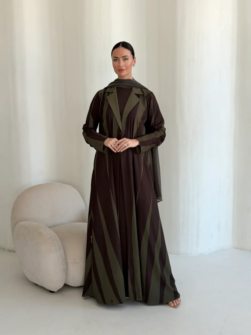Brown Abaya with Olive Contrast Details in Ehsas crepe with a JAAZLINE-exclusive print - main view | JAAZLINE JZA26-14