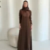 Brown Collared Abaya with Vertical Pleats in Striped Cobra silk - main view | JAAZLINE JZA26-15
