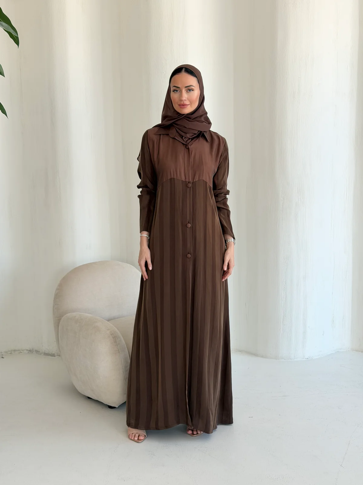 Brown Collared Abaya with Vertical Pleats in Striped Cobra silk - main view | JAAZLINE JZA26-15