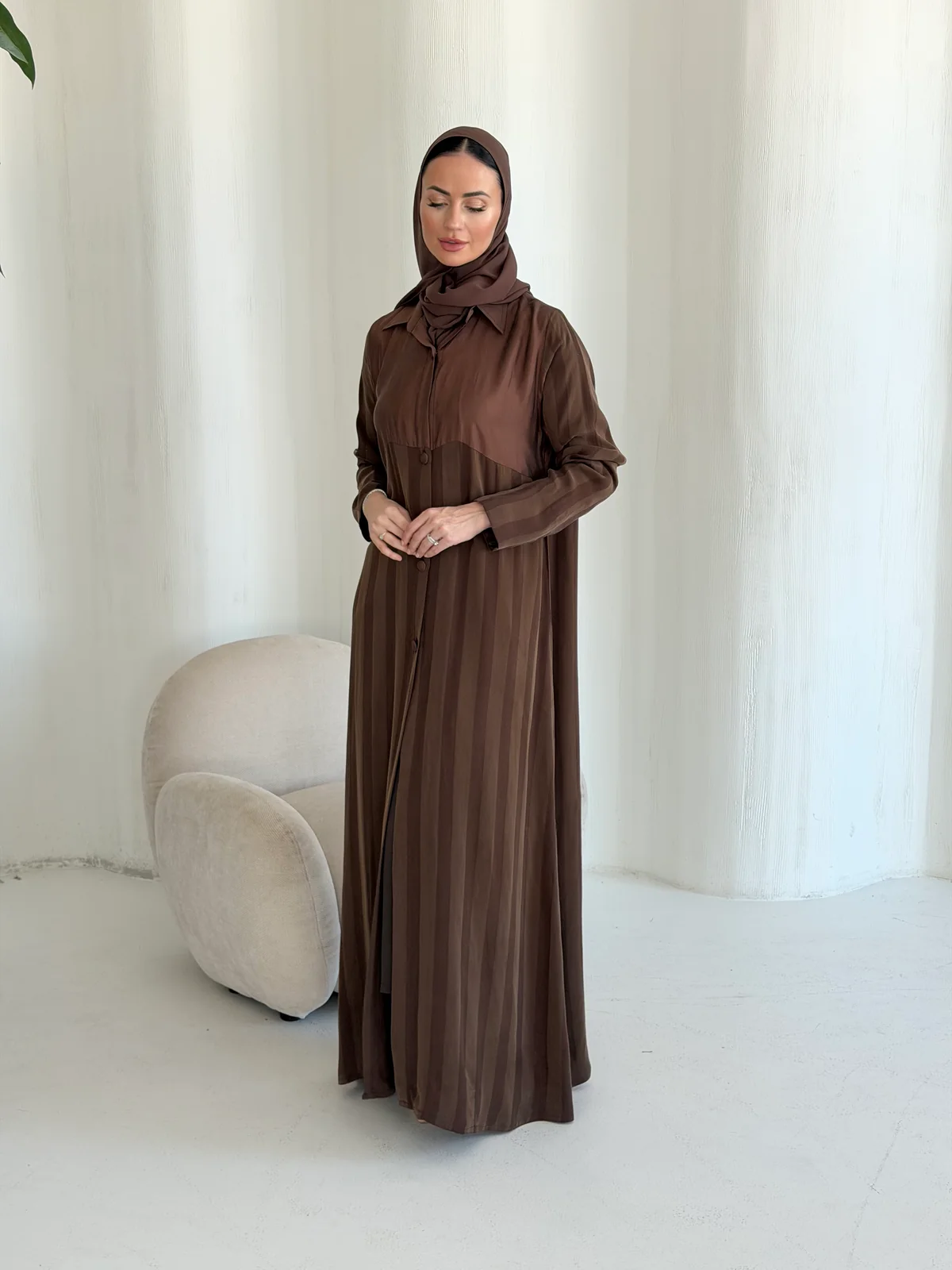 Brown Collared Abaya with Vertical Pleats in Striped Cobra silk - additional angle | JAAZLINE JZA26-15