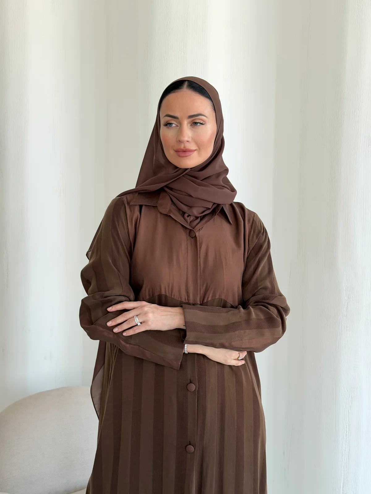 Brown Collared Abaya with Vertical Pleats in Striped Cobra silk - fabric and design detail | JAAZLINE JZA26-15