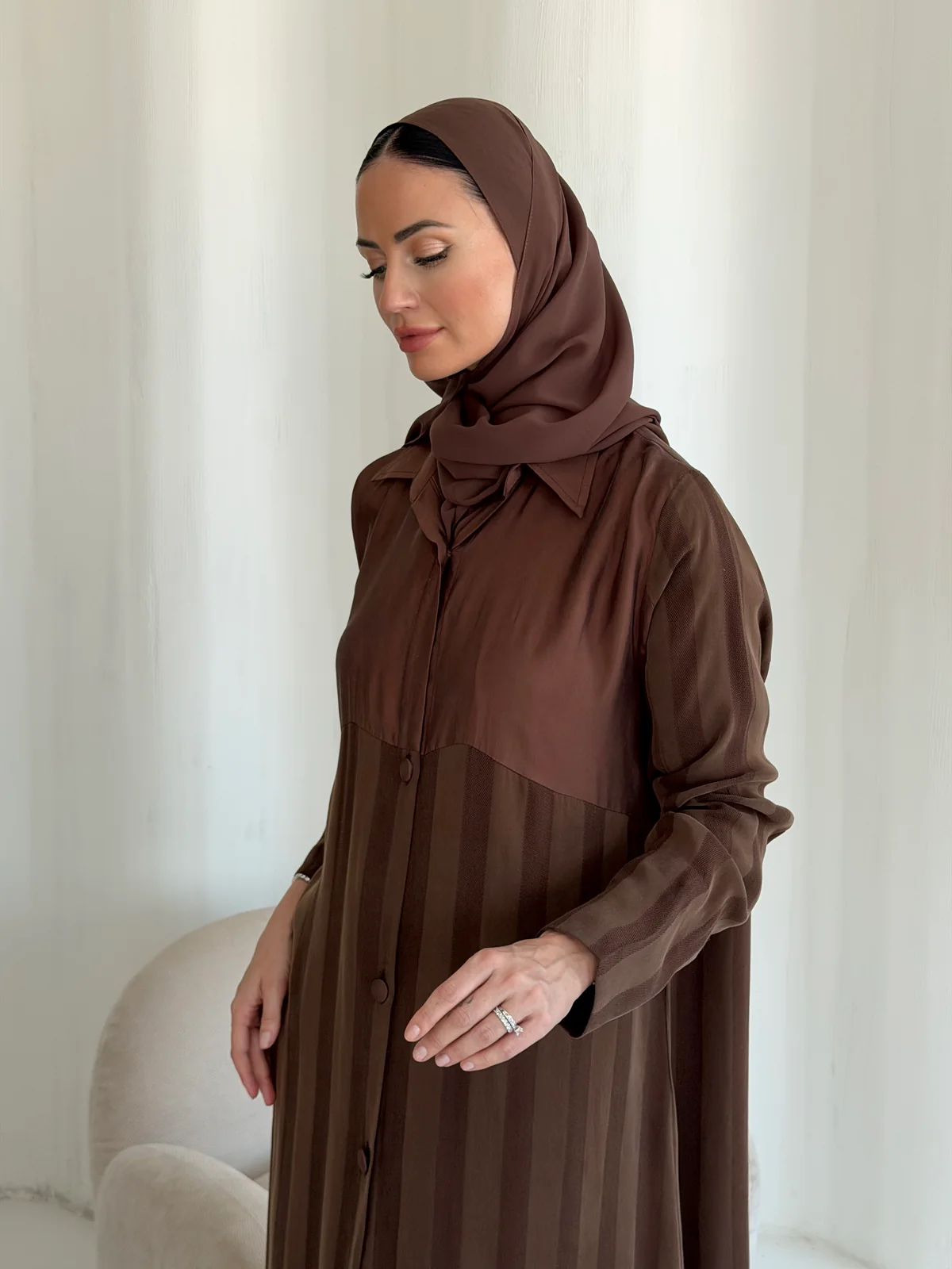 Brown Collared Abaya with Vertical Pleats in Striped Cobra silk - fabric and design detail | JAAZLINE JZA26-15