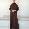 Brown Abaya with Vertical Lines and Neckline Detail in Striped Cobra silk - main view | JAAZLINE JZA26-16