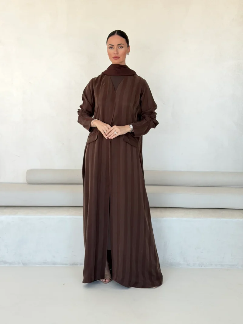 Brown Abaya with Vertical Lines and Neckline Detail in Striped Cobra silk - main view | JAAZLINE JZA26-16