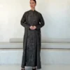 Dark Grey Abaya with Tonal Botanical Pattern in Washed silk with a botanical pattern - main view | JAAZLINE JZA26-17
