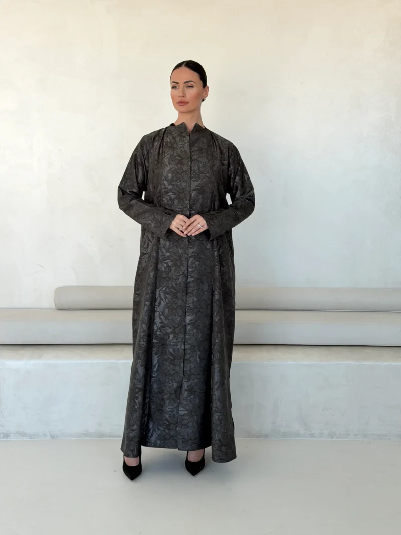 Dark Grey Abaya with Tonal Botanical Pattern in Washed silk with a botanical pattern - main view | JAAZLINE JZA26-17