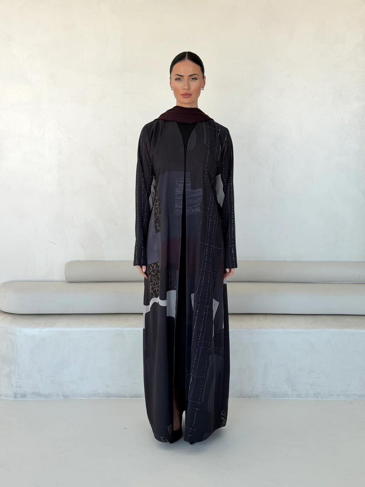 Dark Abaya with Contrasting Abstract Pattern in Ehsas crepe with a JAAZLINE-exclusive print - main view | JAAZLINE JZA26-18